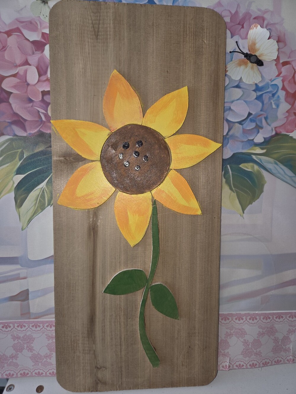 Handmade Wooden Sunflower Wall Plaque - Yellow & Green 7x16